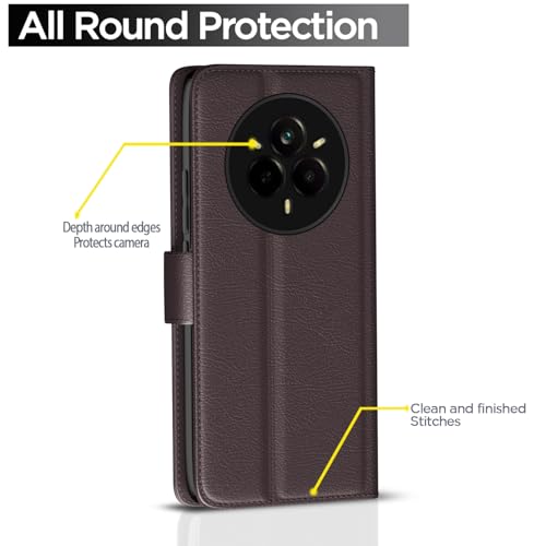 Image of Pikkme Flip Cover Leather Finish | Inside TPU with Card Pockets | Wallet Stand and Shock Proof | Complete Protection Button Flip Case for Realme 14 Pro 5G(Coffee)