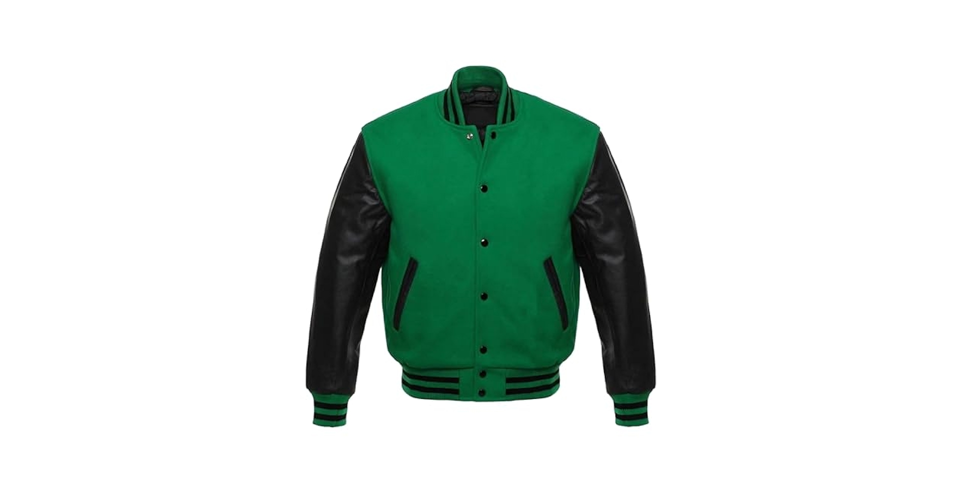 Men's Varsity Jacket Green Wool Real Black Leather Sleeves