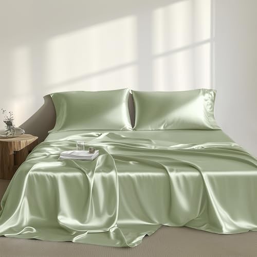 Image of Madison Park Essentials Satin Sheets Twin Size Bed Set, 4 Piece, Sage | Luxury and Smooth Silky Bedding with Natural Sheen, All Around Elastic 14 inch Pocket fits up to 16 inch Mattress, Year-Round Cozy