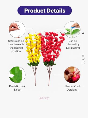 Image of ARTSY Artificial Flowers Bunch for Decoration Cherry Blossom, Ideal for vase, Home, Office Decor, Gifts, Craft, Artificial Plants for Decoration, Without vase, Yellow Maroon, Combo, 2 Pieces