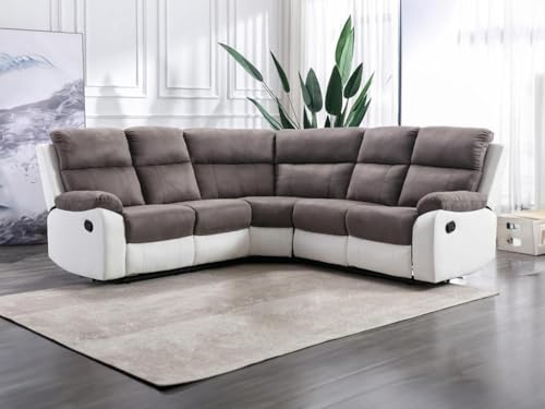 Vente-unique-Sofá rinconera Relax Gris y Blanco de Microfibra y Piel sintética TOLZANO