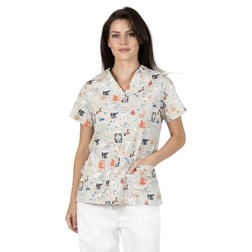 B-well Bambina Tunique à enfiler pour femme, à manches courtes, col en V, motif d'entretien, L