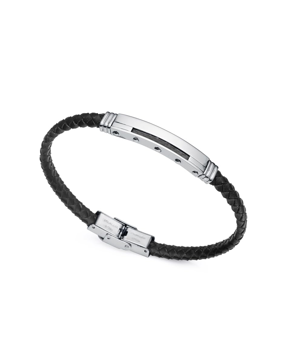 Viceroy Pulsera para Hombre de acero y Piel Negra con adorno de fibra de carbono 14056P01010