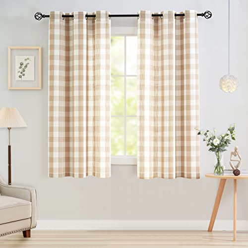 Jubilantex Tan White Buffalo Check Semi Sheer Curtain Panels Gingham Plaid Textured Curtains Drapery,Farmhouse Grommet Window Drapes for Living Room Bedroom Kids Room,2 Panels,Beige,40"x54"