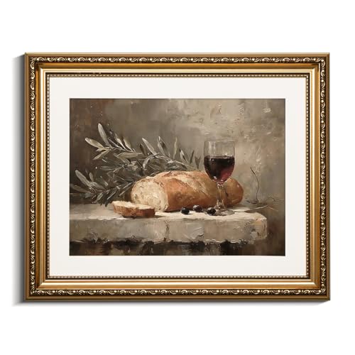 VIYYIEA Gold Framed Wall Art, Christian Rustic Olive Branch Still Life Oil Painting, Impressionist Culinary Canvas Artwork, Decor for Dining Room Restaurant Cafe Pantry House, 13×16inch