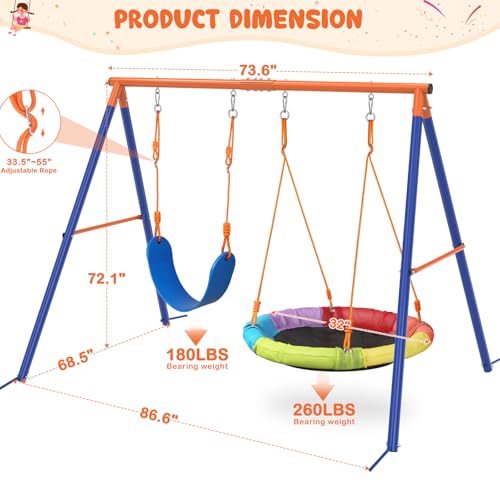 Amictoy Swing Set for Backyard with Stand - Heavy Duty 440lbs Metal A-Frame Outdoor Playset with 32