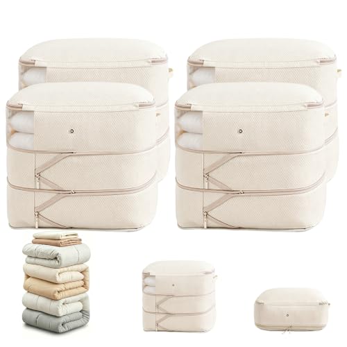 Image of Comforter Storage Bag, Large Capacity Blanket Storage Bags 3-Layer Ultra Space Saving Self Compression Organizer, Heavy Duty Space Saver Organizer for Bedding, Clothes, Blanket, 4-Pack, Beige