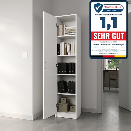 Home Collective Bücherregal Kleiderschrank Regal weiß 40cm breit 180cm hoch Schrank Organizer Mehrzweckschrank mit 4 verstellbaren Einlegeböden Aktenschrank Regal Wand schmal Holz für Schlafzimmer