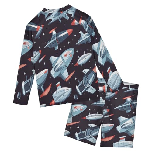 Cartoon Spaceship Boys Swimsuit Rash Guard Toddler Kids Long Sleeve Swim Shirt and Trunks Swimwear Set 3-10Y2