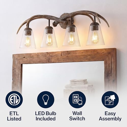 Image of JONATHAN Y 32.5 inch Brown Wood Finish 4-Light Resin Antlers Vanity Light Wall Sconce Rustic Farmhouse for Living Room Bathroom with Clear Seeded Glass Shades LED Bulbs Included JYL6315A