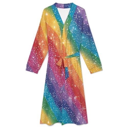 Glitter RainBow Pattern Soft Robe Long Sleeve Bathrobes V Neck Sleepwear Spa Robes with Belt Men Woman3