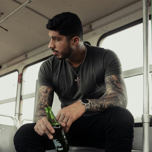 Wooden Cross Necklace for Men, Real Ebony Mens Cross Necklaces Black Stainless Steel Christian Wood Crucifix Pendant, with Necklace 24" Round Box Chain2