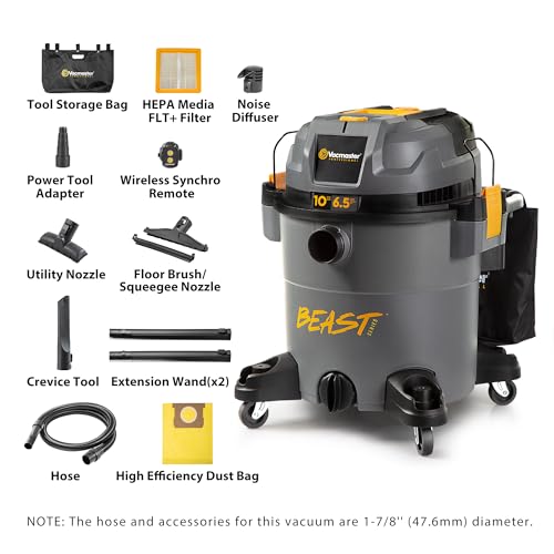 Image of Vacmaster Professional Beast Series FLT+10-Gallon 6.5 Peak HP Wet /Dry Shop Vacuum with HEPA Media Filter, Manual Filter Cleaning System, Power Tool Sync Technology- VJN1012PF 0201