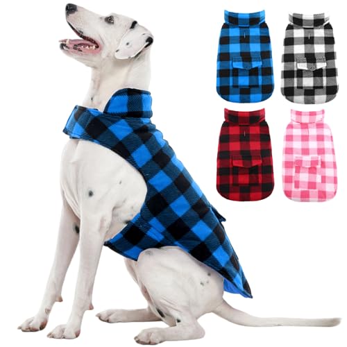 Kuoser Dog Winter Coat, Windproof Dog Fleece Jacket British Style Plaid Cold Weather Doggie Vest Coats, Reversible Cozy Warm Pet Clothes Apparel for Large Size Dogs XL X-Large Blue