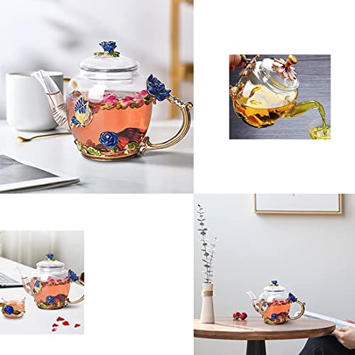 Glass Teapot -300 Ml (10 Oz) - Blue Rose Flower Butterfly Decoration Heat Resistant Glass Teapot Kettle Loose Leaf Teapot Tea Party Set (Blue) #TOP2