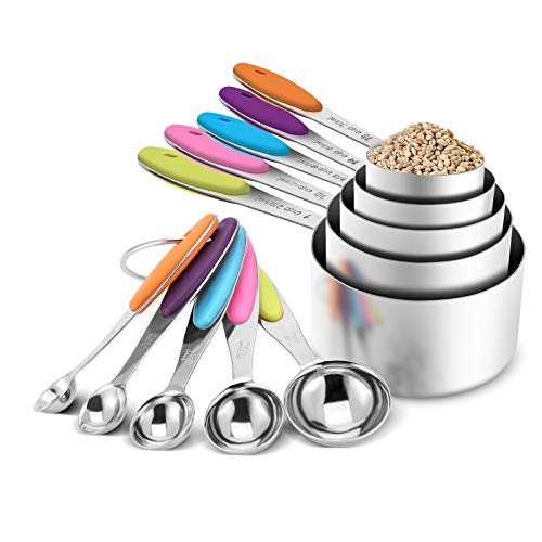 Measuring Cups and Measuring Spoons Set of 10 Piece,Stainless Steel Measuring Spoons with Soft Silicone Handles and Clearly Scale, Nesting Liquid Measuring Cup Set or Dry Measuring Cups Set(Colorful)