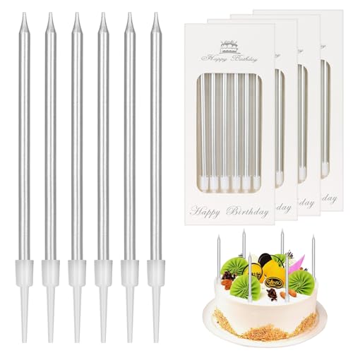 24 Pièces Bougie Anniversaire,Métallique Bougie,Bougies Anniversaire Adulte Enfant,vec Support,Bougie Gateau,Bougies d'Anniversaire Décorative pour Fête de Gâteau,Fête de Mariage,Anniversair(argent)