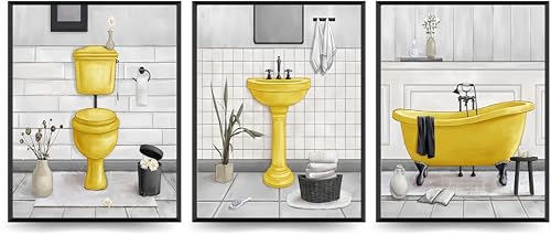 Linilioart Arte de pared de 3 piezas de cuadros amarillos para bañera, pintura en lienzo, baño, baño, baño, baño, decoración para dormitorio, sin marco (20 x 25 cm)
