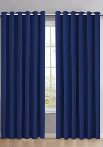 RayyanLinen Readymade Blackout Thermal Eyelet Ring Top Pair of Curtains Including 2 Tiebacks (NAVY BLUE Width 46 x Drop 72)