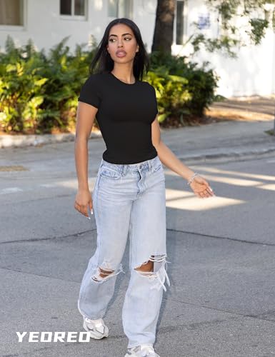 YEOREO Women Fitted Workout Tops Short Sleeve Double Lined Basic Y2K Going Out Crew Neck Compression Crop Top2