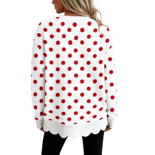 Crew Neck Sweatshirts Women Polka Dot Cotton Scalloped Hem Comfy Pullover - image 6