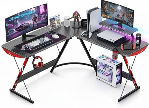 Bellivor 130CM L-Shaped Gaming Desk with Carbon Fiber Surface Computer Corner Desk with Large Monitor Riser Sturdy Gaming Table for PC Setup Home Office Workstation