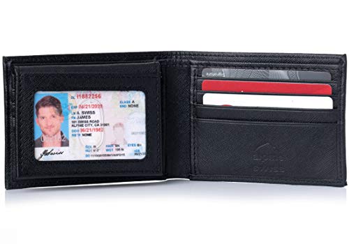 Alpine Swiss Mens Leather Wallet 2-In-1 Bifold Flip up Removable Card Case Crosshatch Black
