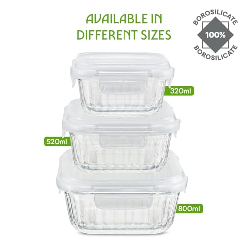 Image of Borosil 800 ml Fluted Klip N Store Square Food Storage Container with Air Tight Glass Lid | Borosilicate Glass Container for Lunchbox | Microwave & Dishwasher Safe | Transparent