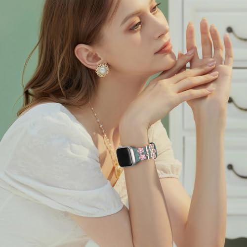 Charm+Band for Apple Watch Bands 40mm 41mm 38mm 44mm 45mm 46mm 42mm Women,Floral Engraved Silicone Sport Band+Decorative Ring Loops for iWatch Series 11 10 9 8 7 6 5 4 SE/Ultra 49mm 3/2,Jewelry Strap by Wowstrap - Used condition - Image 3