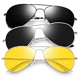 Joopin 3 Pack Trendy Aviation Sunglasses for Men Women, Night Driving Glasses UV Protection, Silver Rim Sunnies, Dark Black Shades