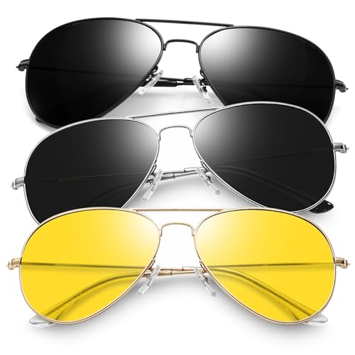 Joopin 3 Pack Trendy Aviation Sunglasses for Men Women, Night Driving Glasses UV Protection, Silver Rim Sunnies, Dark Black Shades