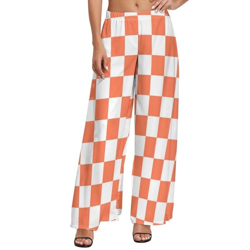 VOSERY Palazzo Pants for Women - White Orange Squares Checkerboard Comfy Casual Womens Wide Leg Pants Baggy Lounge Pants