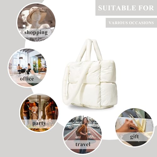 OWGSEE Puffer Tote Bag, Weiche Puffy Taschen für Frauen Leichte Winter Daunen Baumwolle Gepolsterte Gesteppte Tragetasche Schulter Handtasche Geldbörse, Weiss/opulenter Garten, Medium