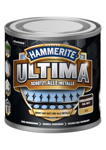 Hammerite Ultima Matt, Metallschutzlack, Hochwertiger Schutzlack für alle Metalle im Außenbereich, Schokoladenbraun RAL8017, 250 ml
