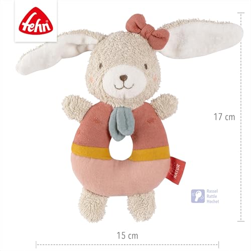 Fehn Baby Ring Greifling Hase fehnNATUR - Kuscheltier aus Baumwolle aus biologischem Anbau - Babyspielzeug mit Rassel zum spielerischen Lernen - Greif Spielzeug für Babys & Kleinkinder ab 0+ Monaten