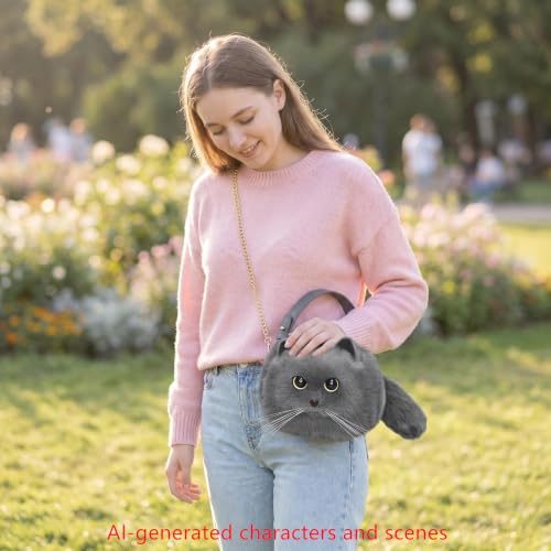 Image of Realistic Puffy Plush Cat Shaped Crossbody Handbag for Women