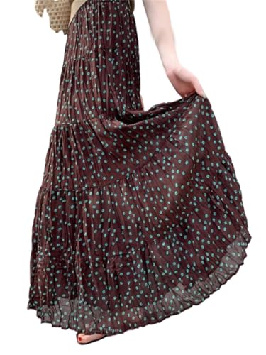 Women High Elastic Waist Boho Floral Pleated Skirt Summer Thin Breathable Midi Skirts3