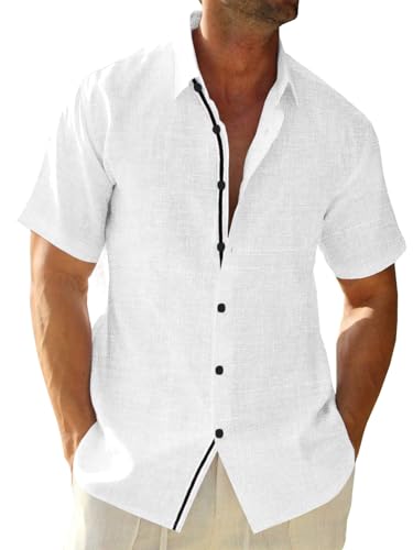 Runcati Mens Linen Button Down Shirt Short Sleeve Casual Lightweight Summer Beach Shirts Vacation Wedding Tops