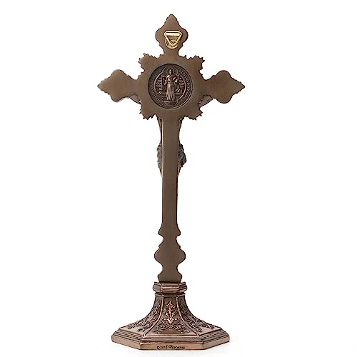 Veronese Design 9 5/8 Inch Saint Benedict Crucifix with Stand Cold Cast Resin Sculpture Bronze Finish