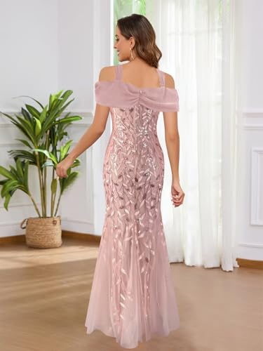 PAVERJER Mother of The Bride Dresses for Women Sequin Embroidery Cold Shoulder Mermaid Long Square Neck Tulle Evening Gown3