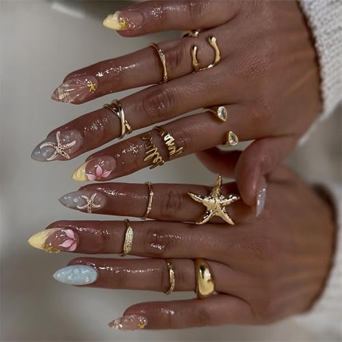 MISUD Press on Nails - Medium Almond Fake Nails with Summer Beach...