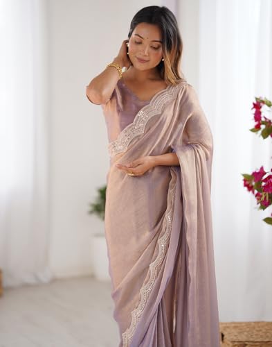 Image of SIRIL Women's Shimmer Chiffon Sequence Embroidery Saree With Unstitched Blouse Piece for Wedding and Parties