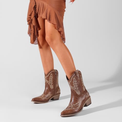 Image of Rhinestone Ankle Cowboy Boots for Women Embroidered Short Cowgirl Boots with Low Heel Side Zipper Comfortable Chunky Heel Western Booties for Prom Party Wedding Pull On Shoes