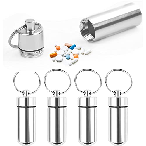 Kleine Pillencontainer,Aluminium Pillenhouder,Aluminium Pillendoos Mini Fles,Waterdichte Pillenhouder Sleutelhanger voor Outdoor Camping, Draagbare Medicijnhouder, 4 STKS
