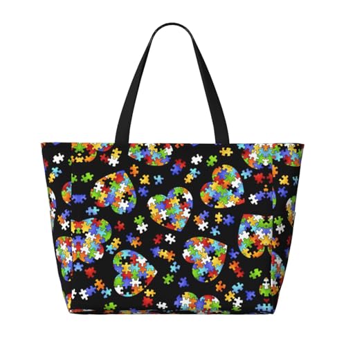 Autism Awareness Puzzle Pieces Heart Beach Tote,Extra Large Beach Bag with Pockets Tote Bag Oversized Travel Essentials2