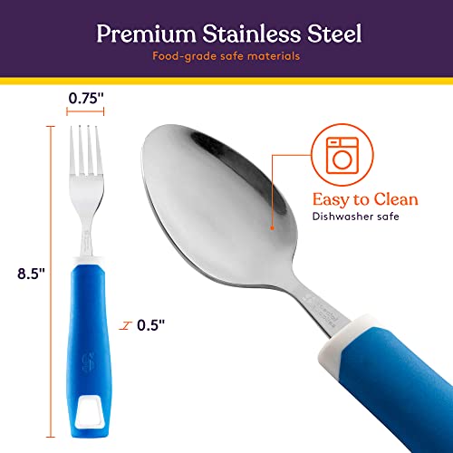Special Supplies Adaptive Utensils 5-Piece Set Non-Weighted, Non-Slip Handles for Hand Tremors, Arthritis, Parkinson’s or Elderly Use - Stainless Steel Knife, Rocker Knife, Fork, Spoons - Blue - Image 4