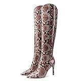 JANSEVEN Snakeskin Knee High Boots for Women Snake Skin Tall Boot with Stiletto High Heel Brown Python Print Pointed Toe Fashion Boots Side Zipper Size 9