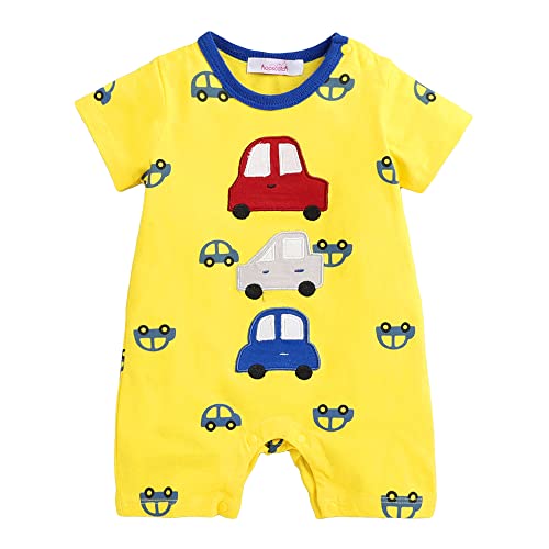 Image of Hopscotch Unisex Cotton Vehicle Print Romper In Yellow Color