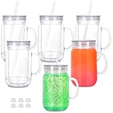 Maucircol 20 Oz Acrylic Snowglobe Tumbler with Handle, 6 Pack Pre-Drilled Double Wall Plastic Mason Jar for Glitter Snow Globe Diy, Double Wall Snowglobe Cup with Clear Lid