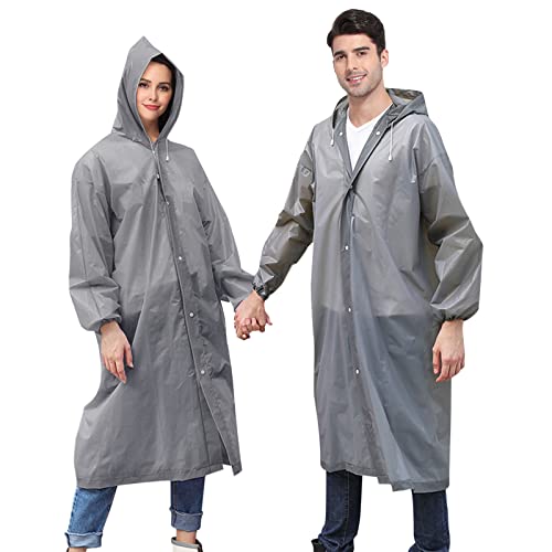 Rain Ponchos for Adults 2 Pack Reusable EVA Rain Coat Rain Jackets for Women Plastic Clear Raincoats with Hood Grey One Size